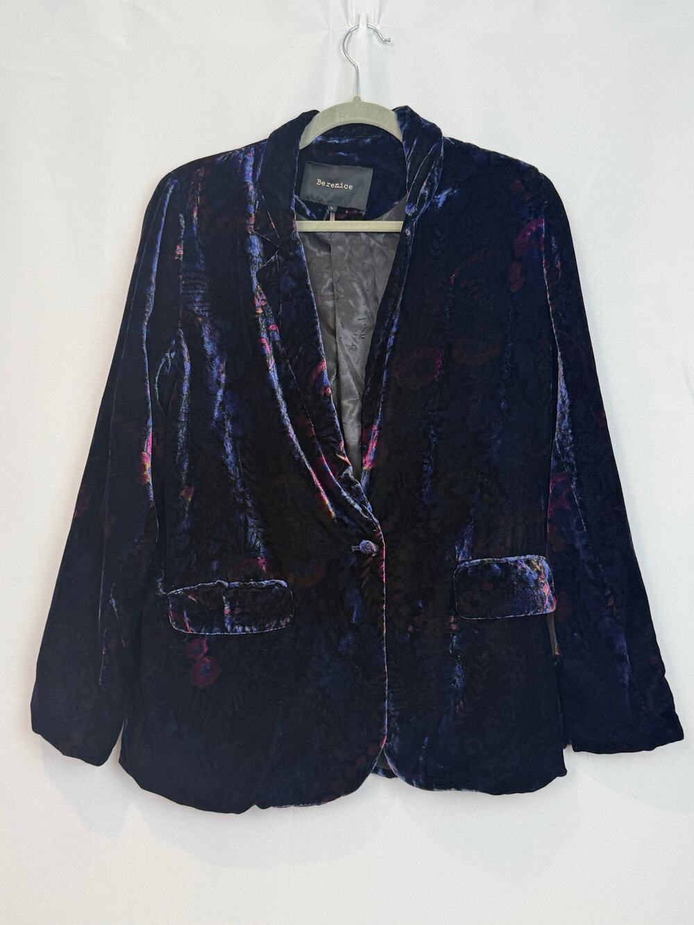 Berenice Paris Navy Velvet Floral Burnout Blazer Jacket Size L